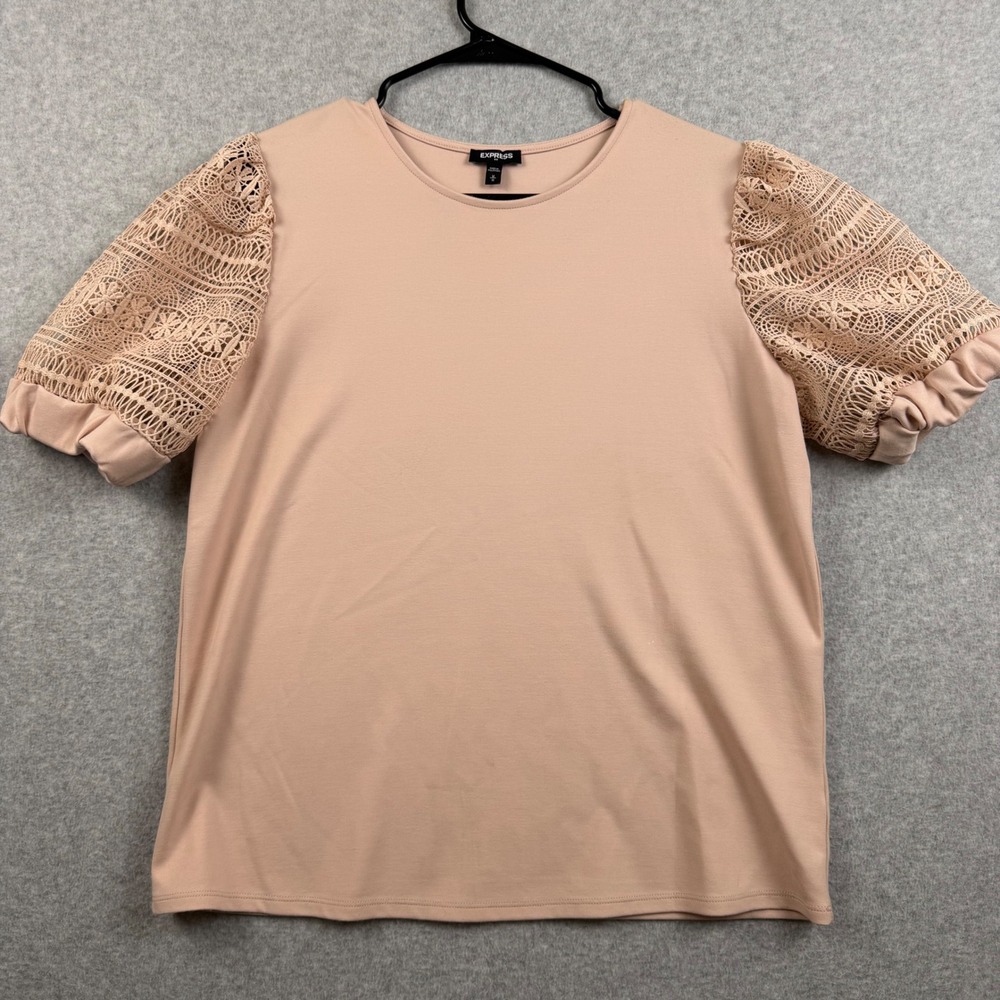 Express Crochet Lace Sleeve Top Womens Medium Blush Pink Puff Sleeve Crew Neck